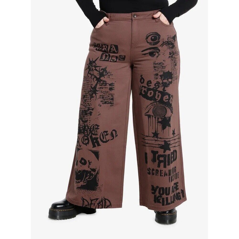 Hot Topic Social Collision Jeans 18 Brown Punk Graphics Gothic Grunge Wide Leg - Picture 1 of 8